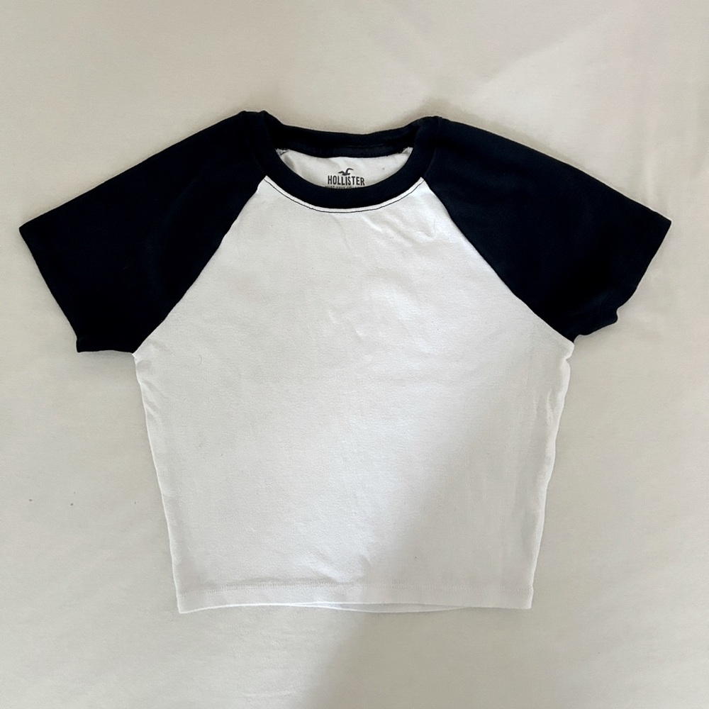 Hollister baby tee in white and navy blue